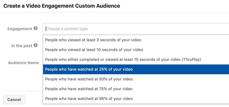 एक फेसबुक वीडियो सगाई कस्टम दर्शकों बनाने के लिए संवाद बॉक्स