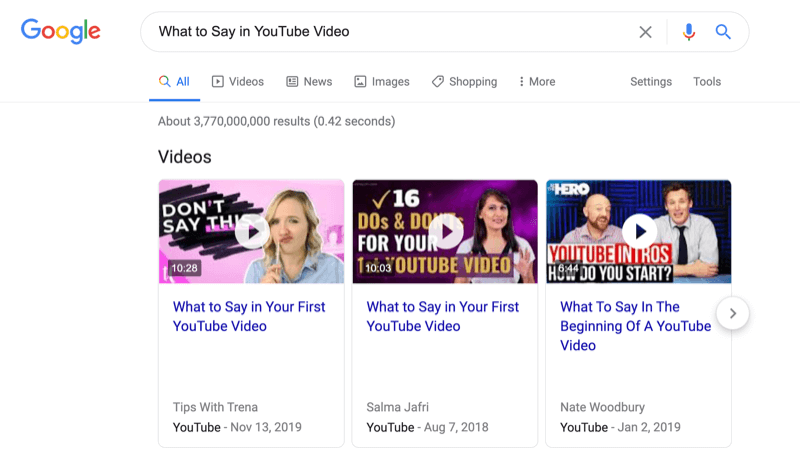 वीडियो खोज परिणामों के साथ youtube वीडियो में क्या कहना है, इसके लिए एक Google खोज का स्क्रीनशॉट