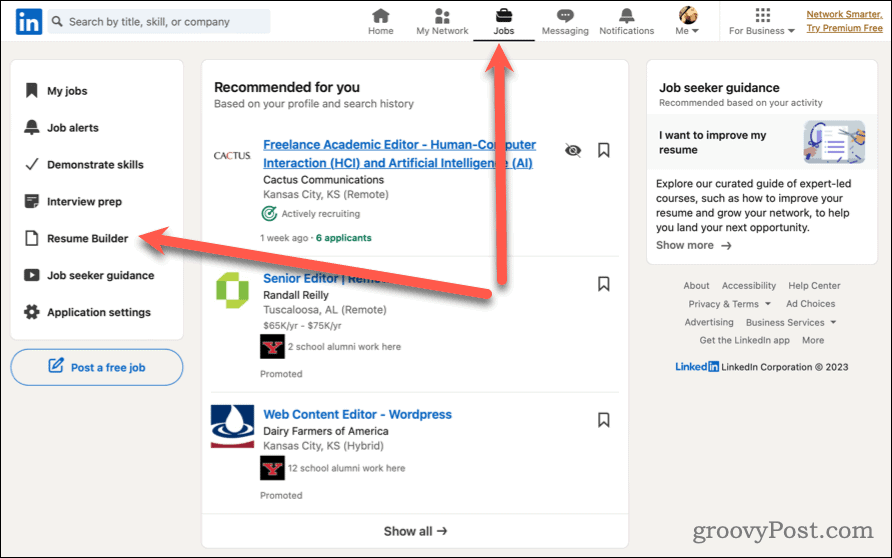 जॉब्स टैब - लिंक्डइन में रिज्यूमे बिल्डर