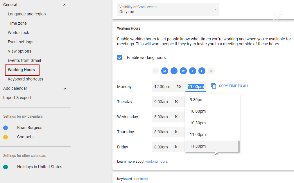 व्यक्तिगत दिनों के Google कैलेंडर के लिए कार्य के घंटे निर्धारित करें