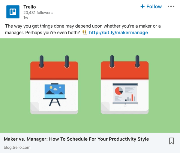 Trello LinkedIn कंपनी पेज पोस्ट उदाहरण।