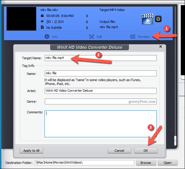 WinX में आउटपुट फ़ाइल का नाम बदलना