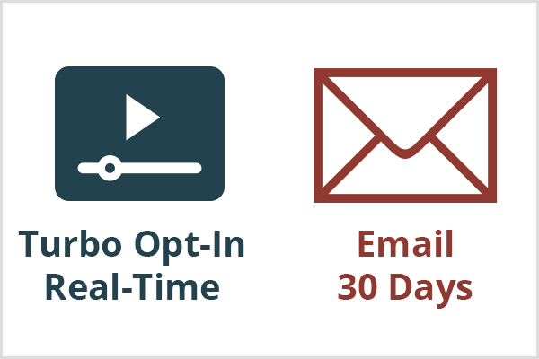 एक टर्बो ऑप्ट-इन जिसमें निकोल वाल्टर्स वास्तविक समय में वीडियो प्लेयर आइकन और ब्लू टेक्स्ट के साथ सचित्र काम करने की सलाह देते हैं। ईमेल अनुक्रम को एक मरून लिफाफे आइकन और पाठ के साथ सचित्र रूपांतरित होने में लगभग 30 दिन लगते हैं। 