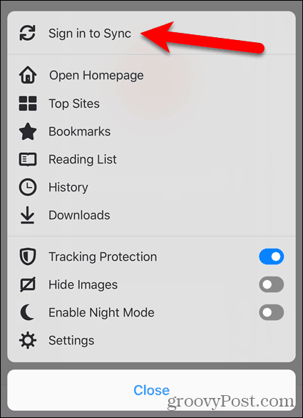 IOS के लिए फ़ायरफ़ॉक्स में सिंक करने के लिए साइन इन टैप करें