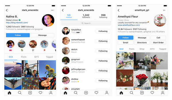 आपके Instagram प्रोफ़ाइल में संभावित परिवर्तनों के उदाहरण।