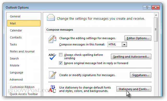 Outlook 2010 में डिफ़ॉल्ट फ़ॉन्ट कैसे बदलें