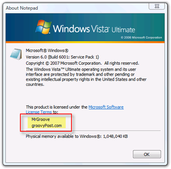 Windows Vista के लिए स्वामी और संगठन प्रदर्शित करें