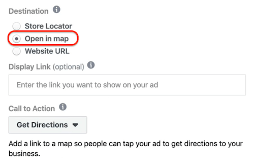 फेसबुक विज्ञापन प्रबंधक में विज्ञापन स्तर पर चयनित मानचित्र विकल्प खोलें