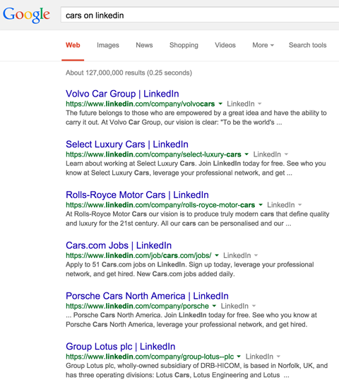 लिंक्डइन कंपनी के पेज से लिंक्डइन पर कारों के लिए Google खोज परिणाम मिलते हैं