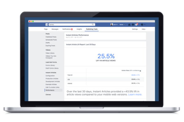 फेसबुक ने एक नया एनालिटिक्स टूल तैयार किया, जिसमें फेसबुक के इंस्टैंट आर्टिकल प्लेटफॉर्म के माध्यम से प्रकाशित सामग्री की तुलना अन्य मोबाइल वेब समकक्षों की तुलना में की गई है।