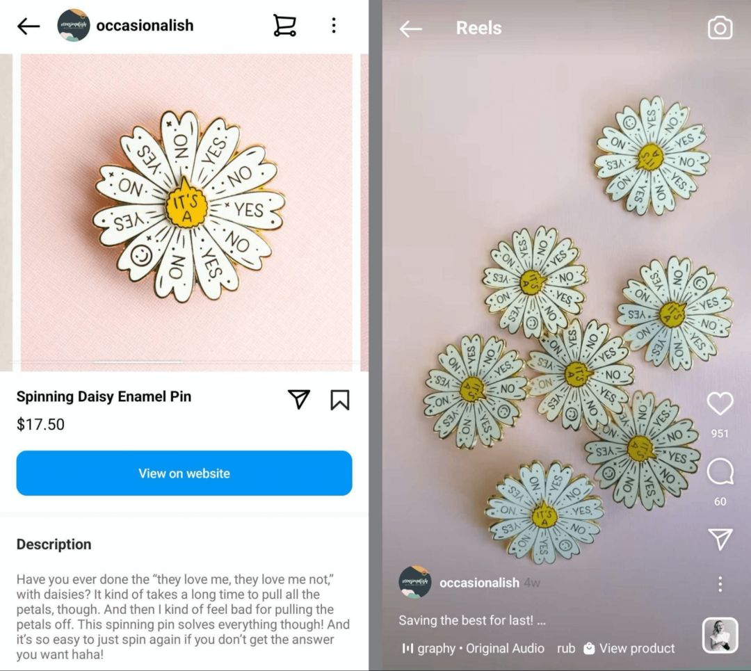 Instagram शॉप और Instagram रील में समान उत्पाद की छवि