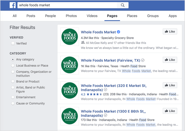 फेसबुक सर्च में अलग-अलग लोकेशन पेज दिखाई देते हैं।