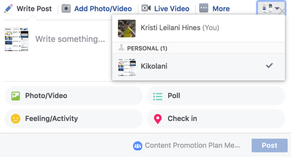 जब आप अपने समूह में एक नई पोस्ट बनाते हैं तो अपने फेसबुक पेज का चयन करें।