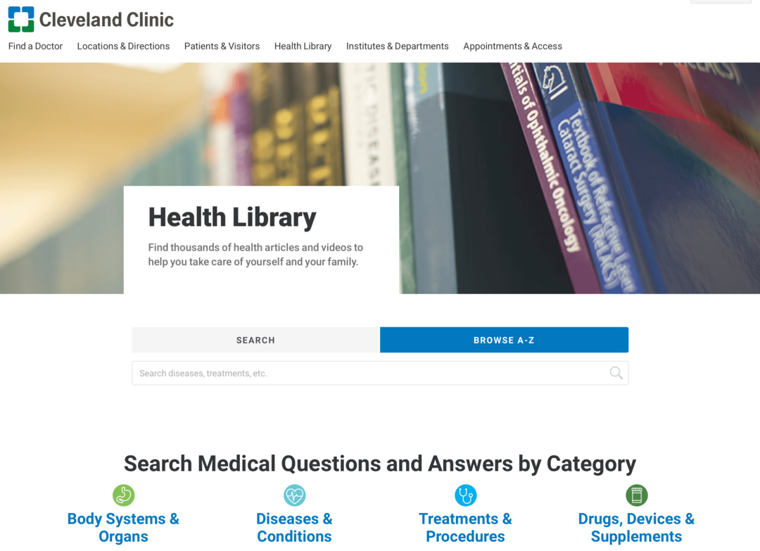 क्लीवलैंड क्लिनिक स्वास्थ्य पुस्तकालय वेबसाइट की छवि