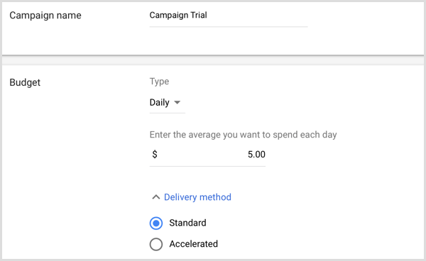 Google ऐडवर्ड्स में अभियान का नाम और बजट जोड़ें।