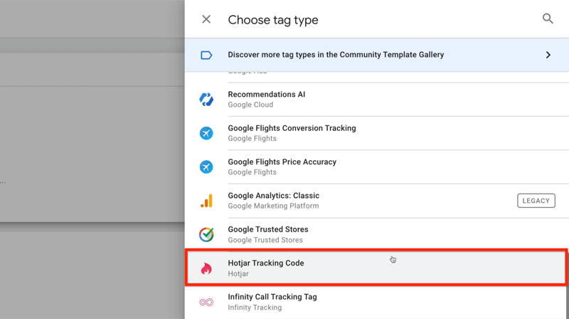 नए Google टैग प्रबंधक टैग जिसमें हॉटज़र ट्रैकिंग कोड हाइलाइट किए गए टैग प्रकार मेनू विकल्प हैं
