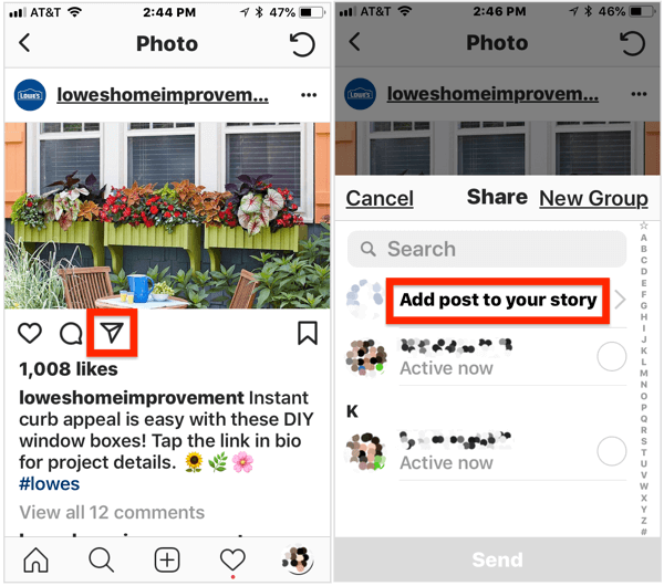 अपनी Instagram कहानी में एक सार्वजनिक पोस्ट जोड़ने के लिए, पोस्ट खोलें, छवि के नीचे हवाई जहाज आइकन टैप करें, और फिर पॉप-अप मेनू से अपनी कहानी में पोस्ट जोड़ें का चयन करें।