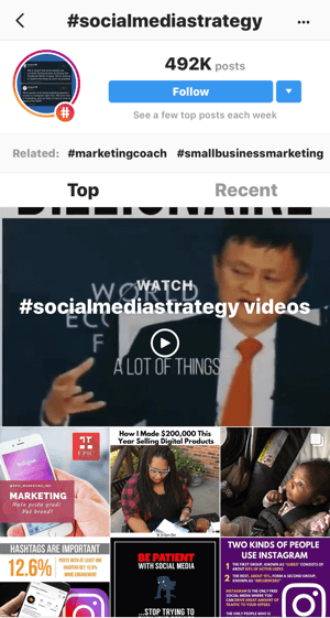 अपने इंस्टाग्राम को रणनीतिक रूप से कैसे आगे बढ़ाएं, चरण 11, प्रासंगिक उदाहरण पोस्ट, "#socialmediastrategy" वीडियो के लिए नमूना खोजें