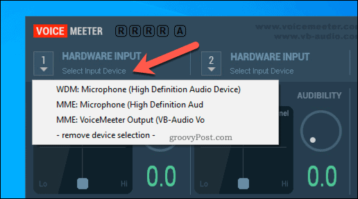 VoiceMeeter हार्डवेयर इनपुट विकल्प का चयन करना
