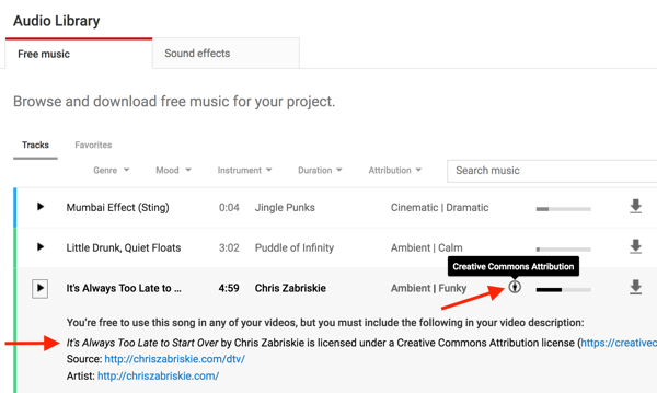 YouTube ऑडियो लाइब्रेरी में संगीत फ़ाइलें ध्यान देंगी यदि आपको मूल निर्माता को क्रेडिट करने की आवश्यकता है।