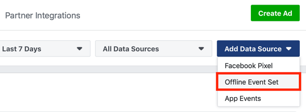 अपने फेसबुक विज्ञापन ऑफ़लाइन घटनाओं के लिए डेटा स्रोत के रूप में ऑफ़लाइन ईवेंट सेट का चयन करने का विकल्प।