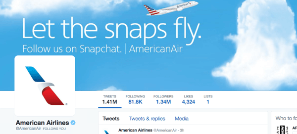 स्नैपचैट के साथ अमेरिकन एयरलाइंस की ट्विटर इमेज
