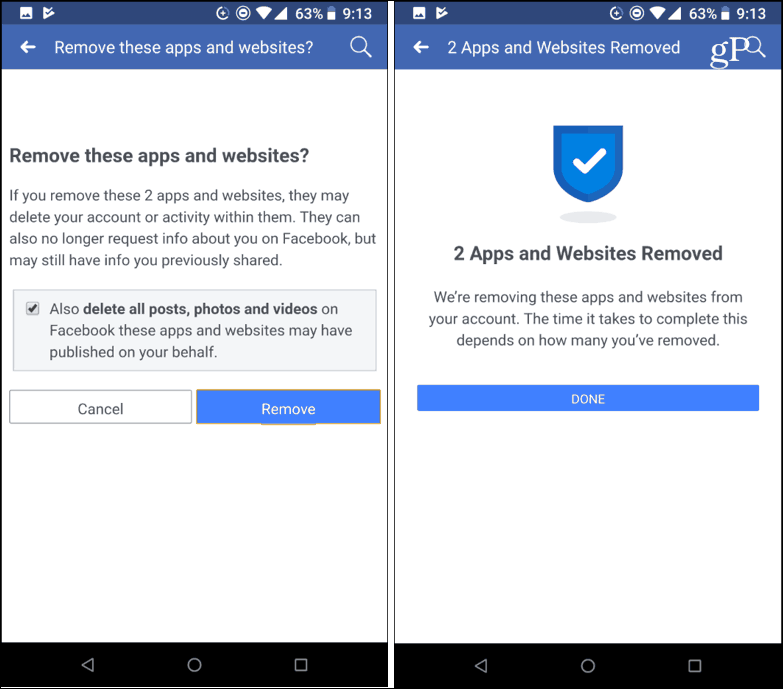 तृतीय-पक्ष एप्लिकेशन फेसबुक मोबाइल को हटाने की पुष्टि करें