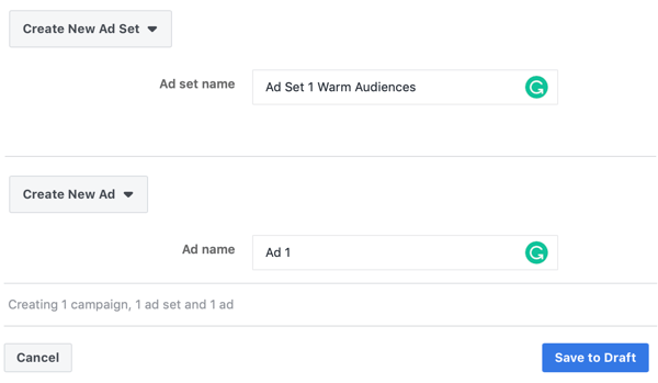फेसबुक मैसेंजर विज्ञापनों, चरण 3, विज्ञापन और विज्ञापन सेट नाम सेटिंग के साथ गर्म लक्ष्य कैसे लक्षित करें