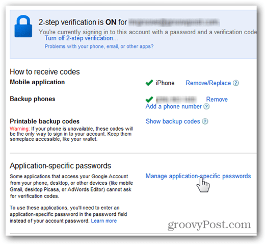 google वन टाइम पासवर्ड - एप्लिकेशन-विशिष्ट पासवर्ड प्रबंधित करें पर क्लिक करें