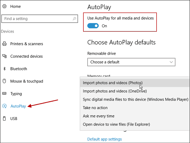AutoPlay Defaults चुनें