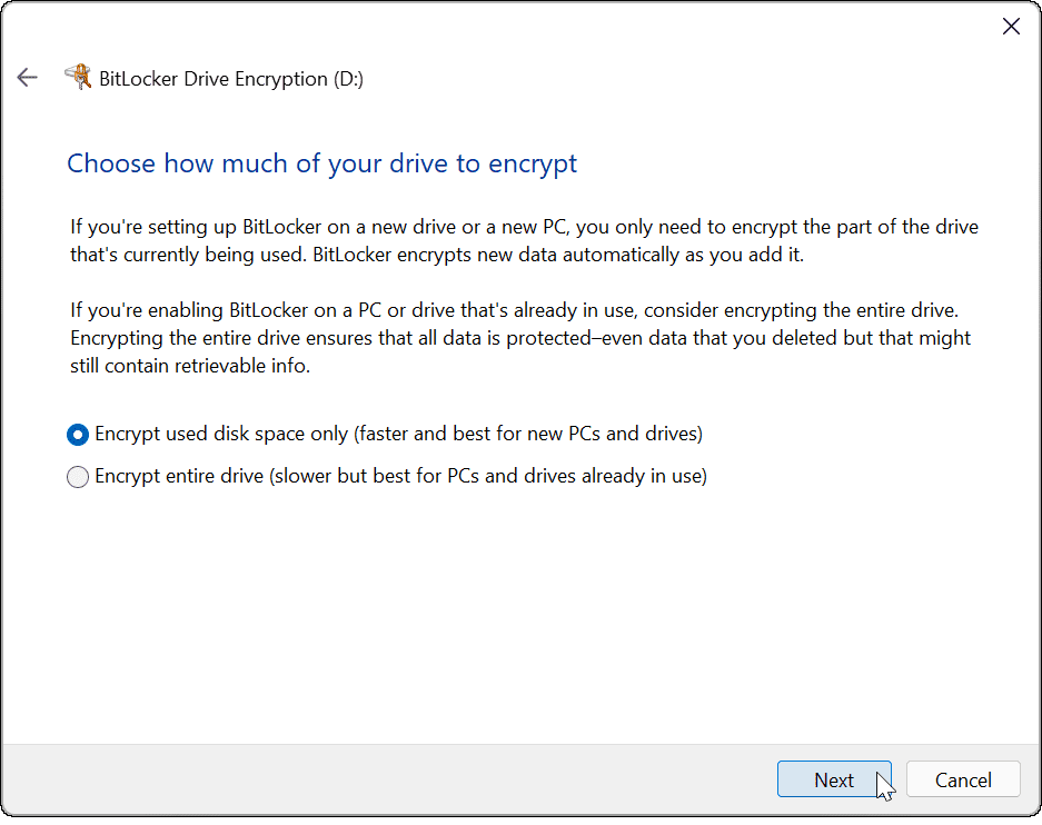 एन्क्रिप्ट केवल डिस्क स्थान का उपयोग करें