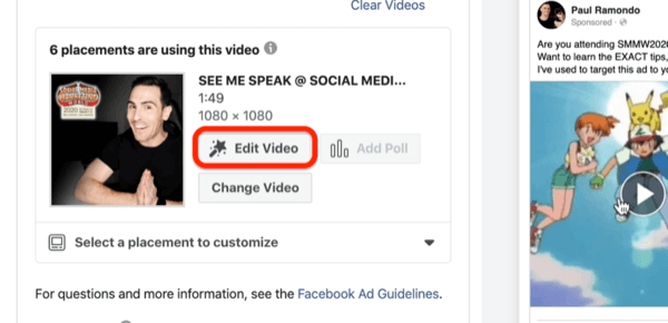 फेसबुक वीडियो विज्ञापन के लिए वीडियो विकल्प संपादित करें