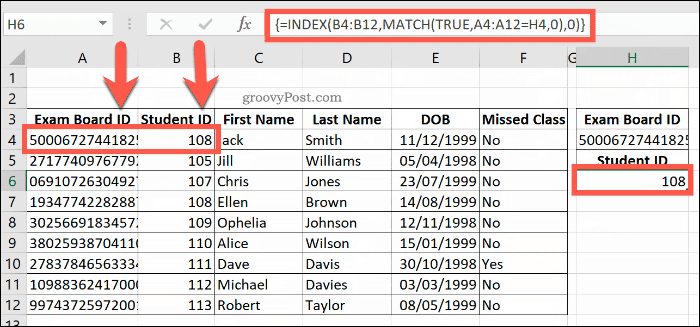 Excel में संयुक्त INDEX और MATCH सूत्र का एक उदाहरण