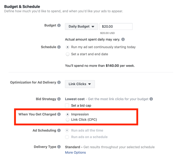 अपने फेसबुक विज्ञापन लागत को कम करने के लिए युक्तियाँ, छापे द्वारा या लिंक क्लिक (सीपीसी) द्वारा लिया जाने वाला विकल्प