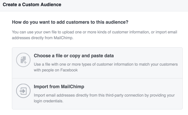 चुनें कि आप अपने फेसबुक कस्टम ऑडियंस बनाने के लिए ग्राहकों की जानकारी कैसे अपलोड करना चाहते हैं।