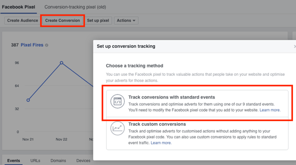 फेसबुक रूपांतरण ट्रैकिंग के लिए मानक घटनाओं के साथ ट्रैक रूपांतरण का चयन करें।