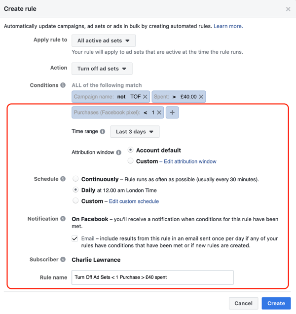 फेसबुक स्वचालित नियमों का उपयोग करें, जब विज्ञापन दो गुना लागत और 1 खरीद, चरण 3, अतिरिक्त नियम सेटिंग्स से कम हो तो विज्ञापन सेट बंद करें