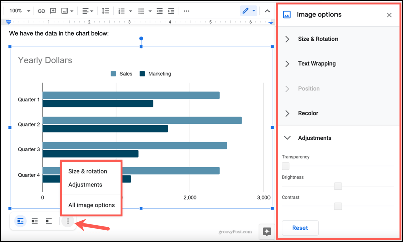 Google डॉक्स में चार्ट छवि विकल्प