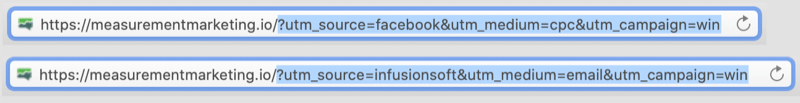 urm के उदाहरणों के साथ utm टैग के साथ कोड किए गए url के utm भाग के साथ कोडित किया गया है जो फ़ेसबुक / cpc और infusionsoft / ईमेल दिखा रहा है जो जीत के अभियान के लिए मापदंडों के रूप में है।