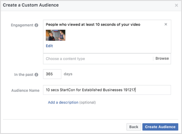 फेसबुक वीडियो सगाई कस्टम दर्शकों