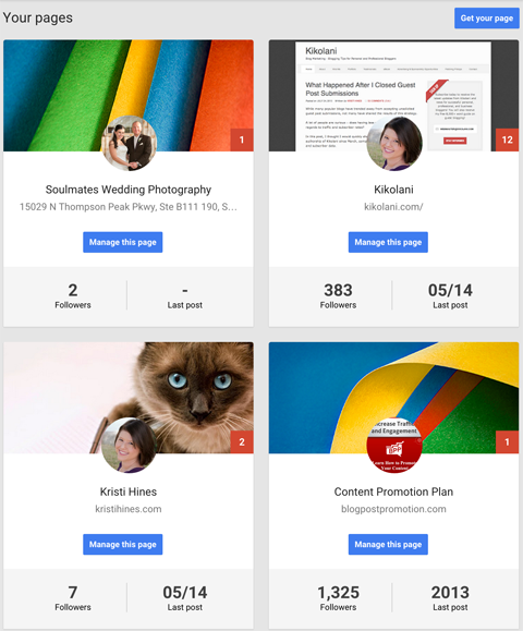 Google + पृष्ठ डैशबोर्ड