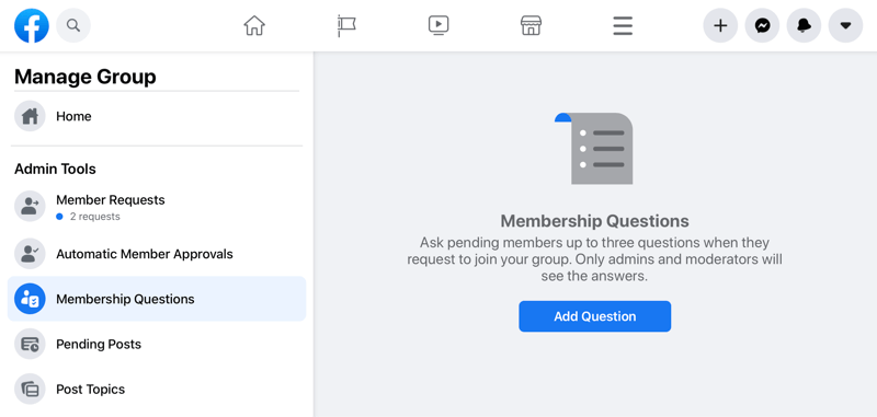 फेसबुक सदस्यता प्रश्न विकल्प को उजागर करने वाले समूह विकल्प का प्रबंधन करता है