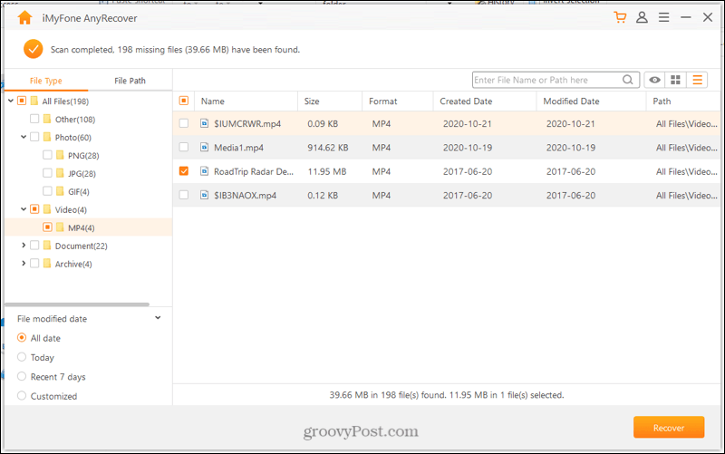 AnyRecover में फ़ाइलों का चयन करें