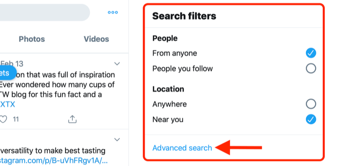 स्क्रीनशॉट ट्विटर खोज फ़िल्टर बॉक्स में उन्नत खोज लिंक दिखा रहा है