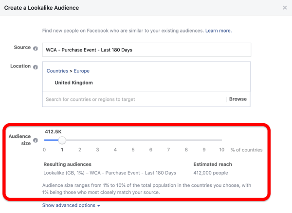 अपने कस्टम दर्शकों से अपने फेसबुक लुकलाइक दर्शकों को बनाते समय दर्शकों के आकार का विकल्प।