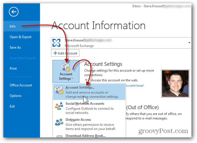 मेलबॉक्स Outlook 2013 जोड़ें - जानकारी खाता सेटिंग्स पर क्लिक करें