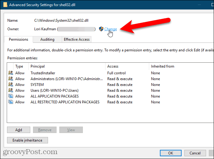 Windows रजिस्ट्री संपादक में उन्नत सुरक्षा सेटिंग्स संवाद बॉक्स पर स्वामी के लिए परिवर्तन पर क्लिक करें