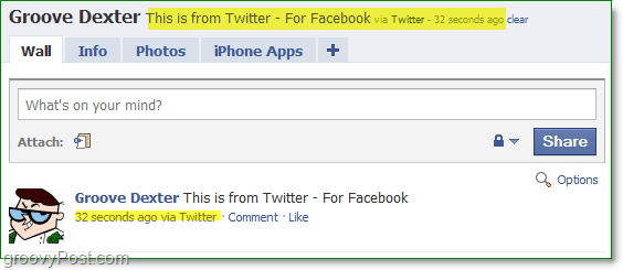 एक फेसबुक प्रोफ़ाइल पर नज़र डालें जहाँ ट्विटर का उपयोग करके स्थिति को अद्यतन किया गया है