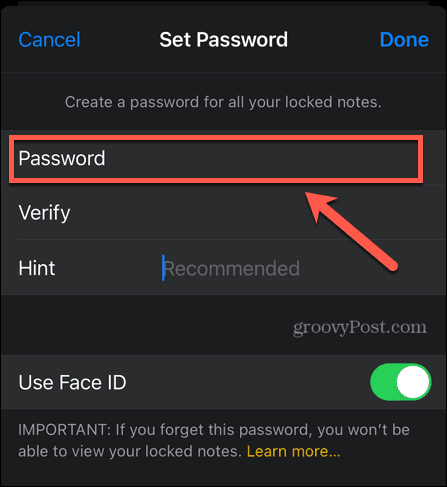 iPhone नोट्स पासवर्ड दर्ज करें