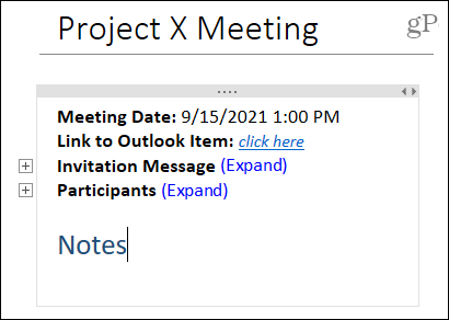 OneNote डेस्कटॉप में मीटिंग विवरण